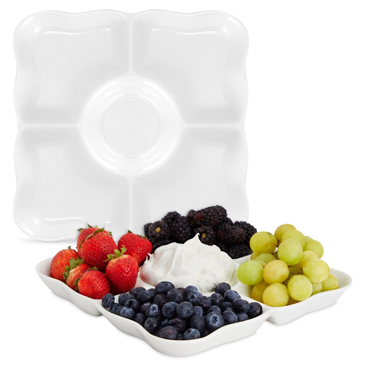 Set of 2 Porcelain Appetizer Trays, 5-Compartment Divided Serving Platters (9.5 x 9.5 x 1 In)